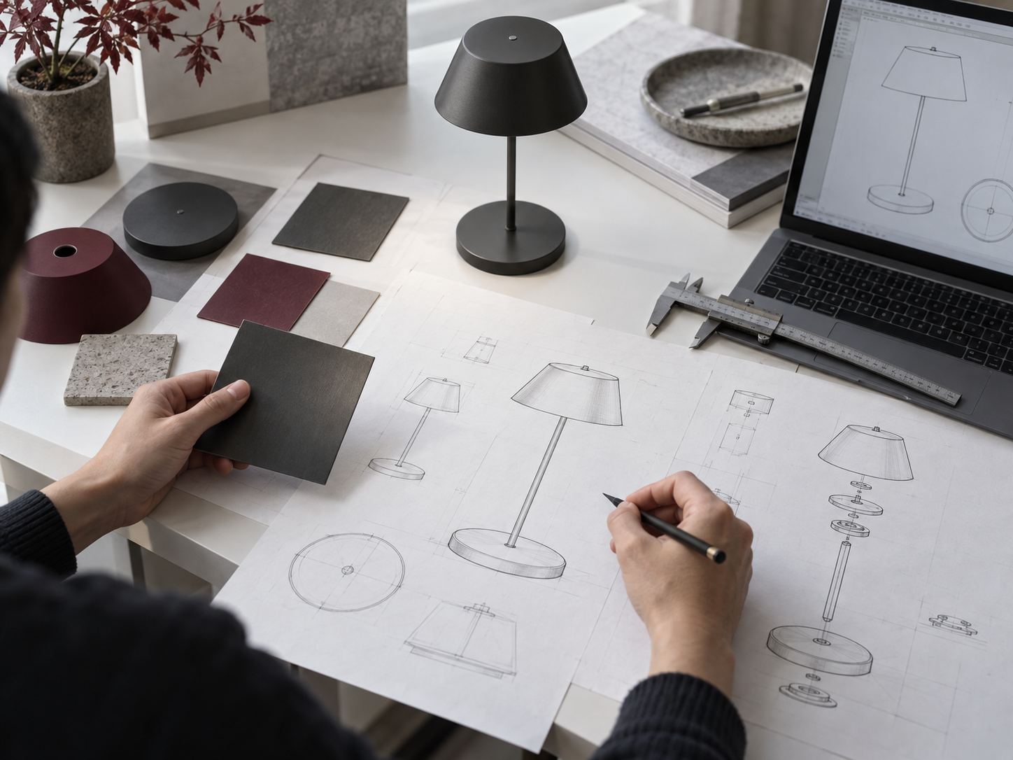 Cena ilustrativa do desenvolvimento de uma luminária, com desenhos técnicos, materiais e modelo sobre a mesa