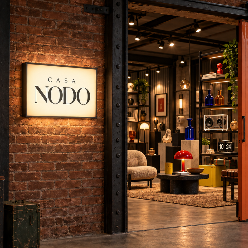 Showroom industrial da Casa Nodo com placa luminosa
