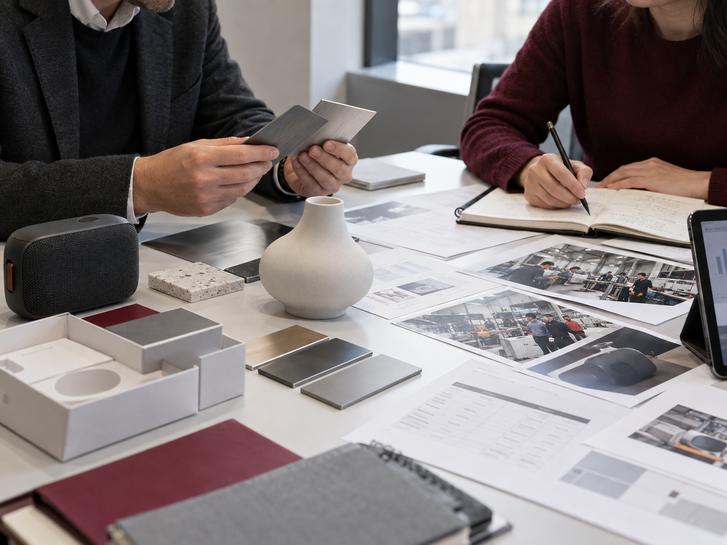 Cena ilustrativa de análise: mesa com amostras de materiais, fotos impressas de fábrica e caderno de anotações